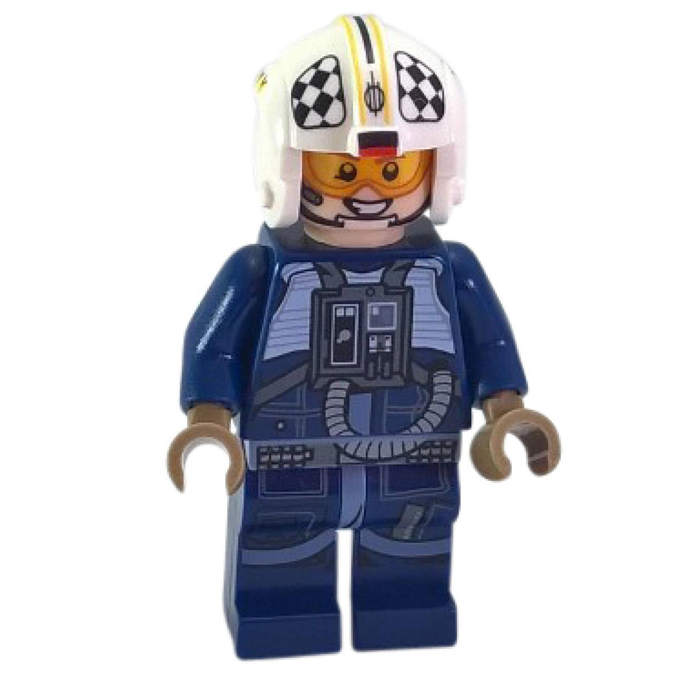 Rebel pilot minifigure in blue flight suit with white helmet, orange visor, and detailed torso print
