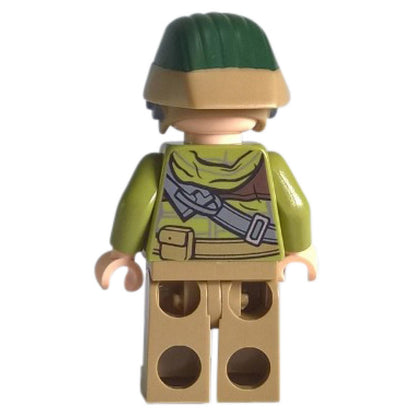 Rebel trooper minifigure back view with tan helmet, green torso print, bandolier, and tan legs
