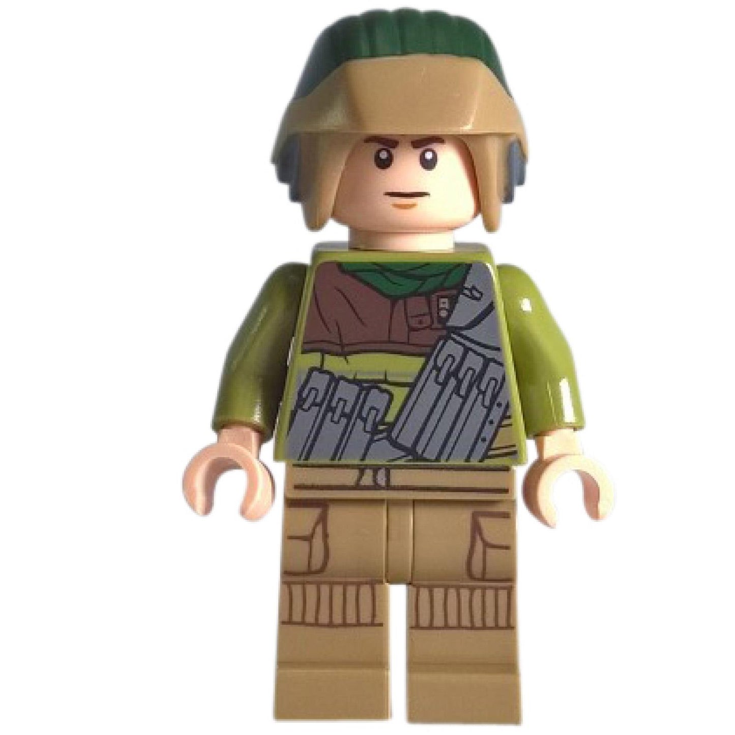 Rebel trooper minifigure front view with tan helmet, green torso print, bandolier, and tan legs
