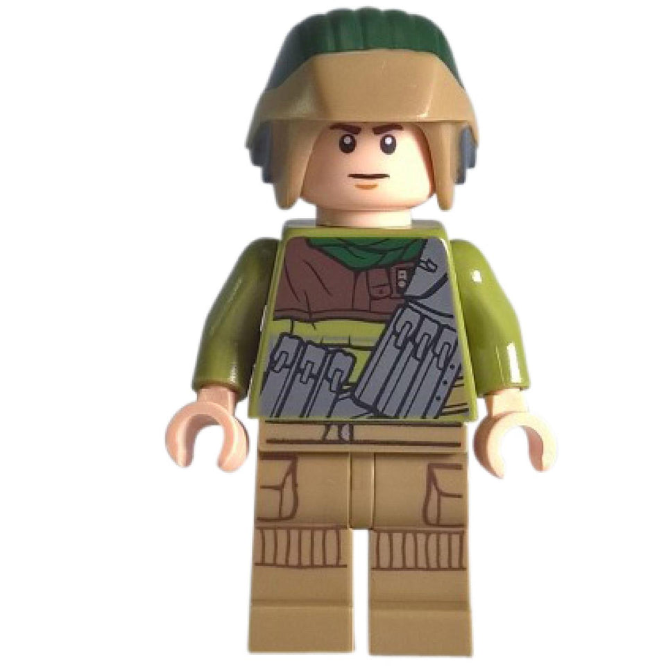 Rebel trooper minifigure front view with tan helmet, green torso print, bandolier, and tan legs
