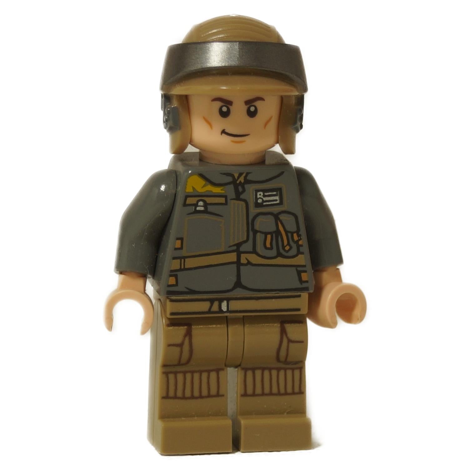 Front view of the LEGO® Star Wars Rebel Trooper minifigure, Private Basteren, wearing his dark gray tactical vest, dark tan pants, and iconic Rebel fleet trooper helmet.