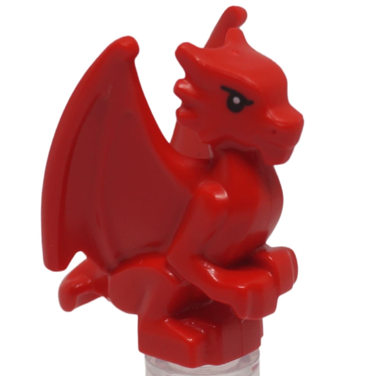 Red baby dragon with folded wings and black eyes, front left perched view fantasy creature figure
