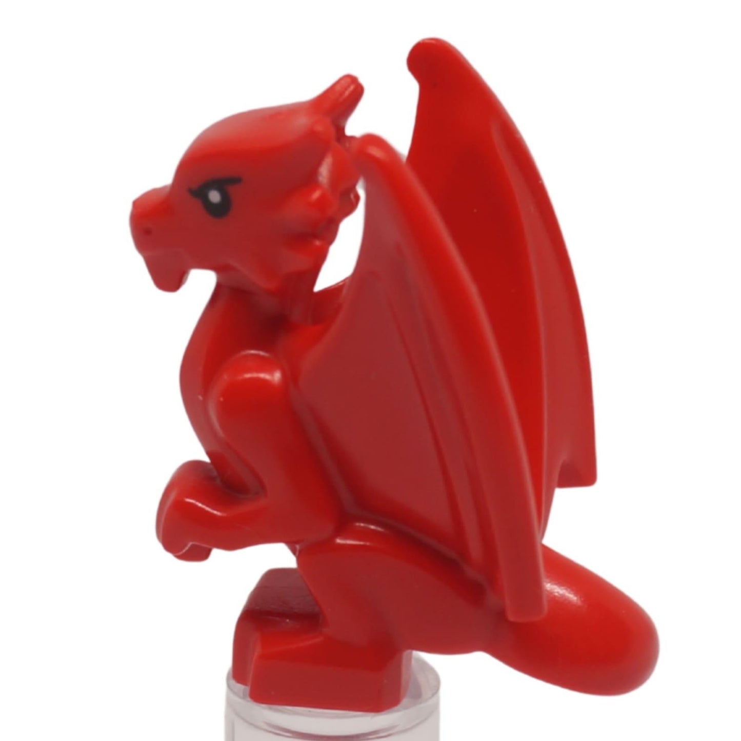 Red baby dragon with folded wings, right side profile perched fantasy creature figure
