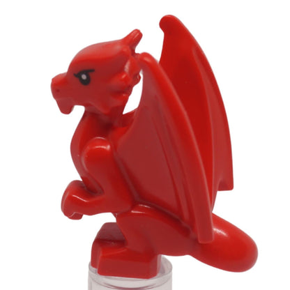 Red baby dragon with folded wings, right side profile perched fantasy creature figure
