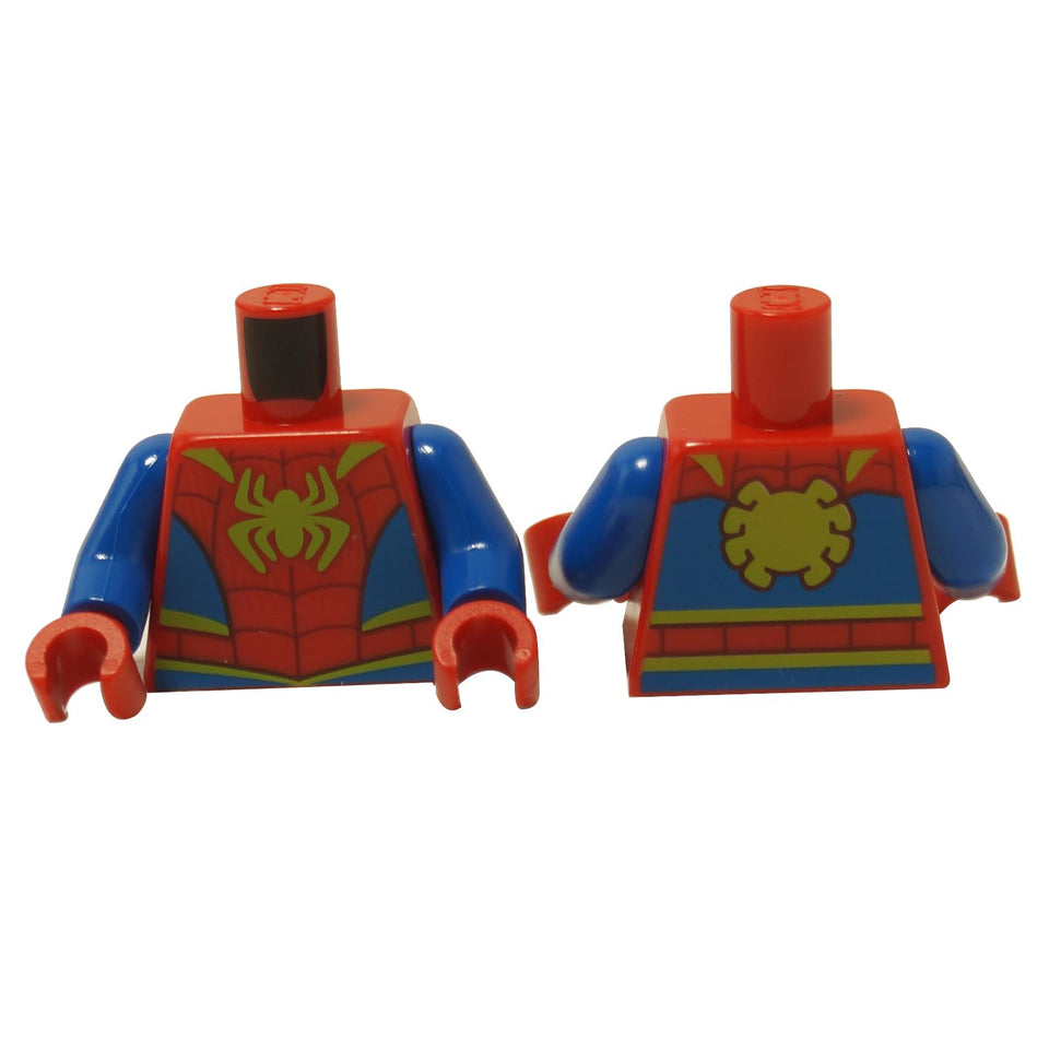 Red and blue minifigure torso with black spider emblem and web pattern print
