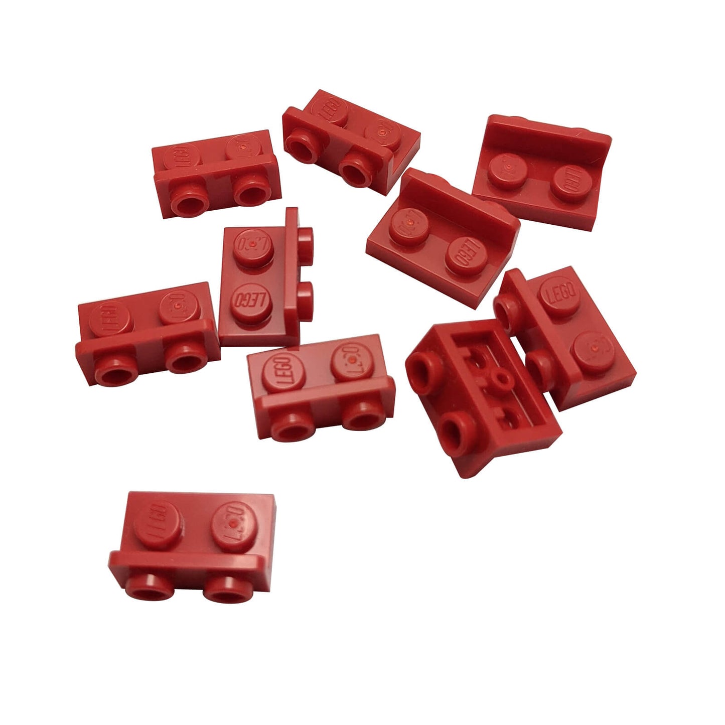 Red inverted bracket 1 x 2 - 1 x 2 part 99780, offset building element for compact SNOT construction
