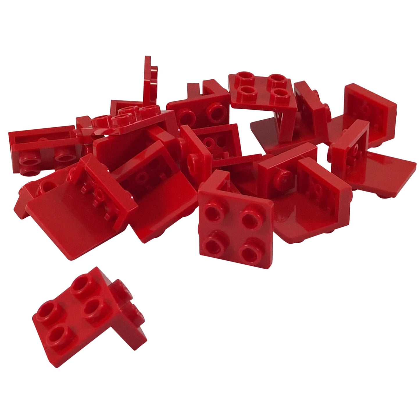 Pile of red LEGO Bracket 1x2 - 2x2 pieces (44728) with one piece separated at the bottom left.