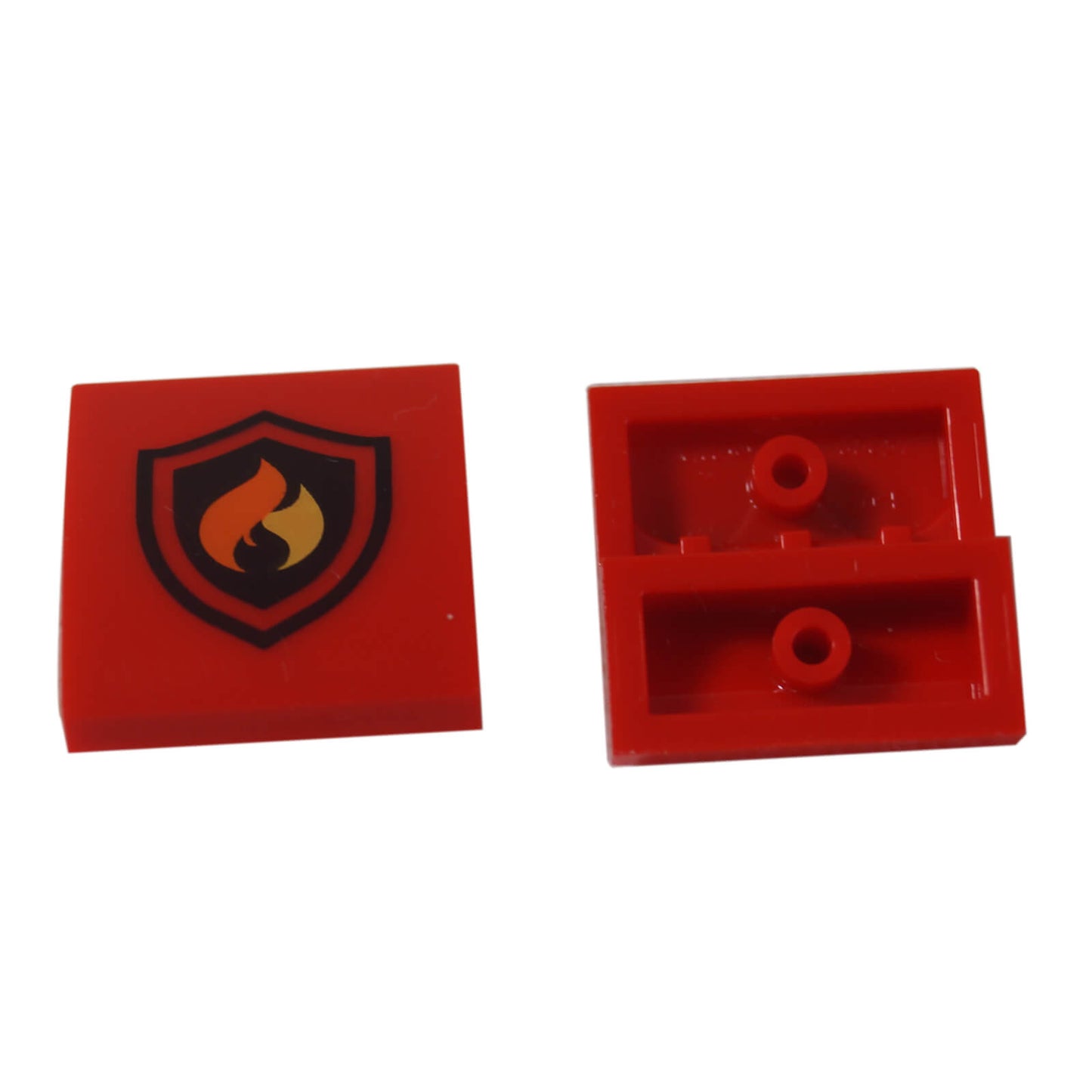 LEGO® red curved 2 x 2 studless slope with a printed Fire logo, MPN 15068pb052.