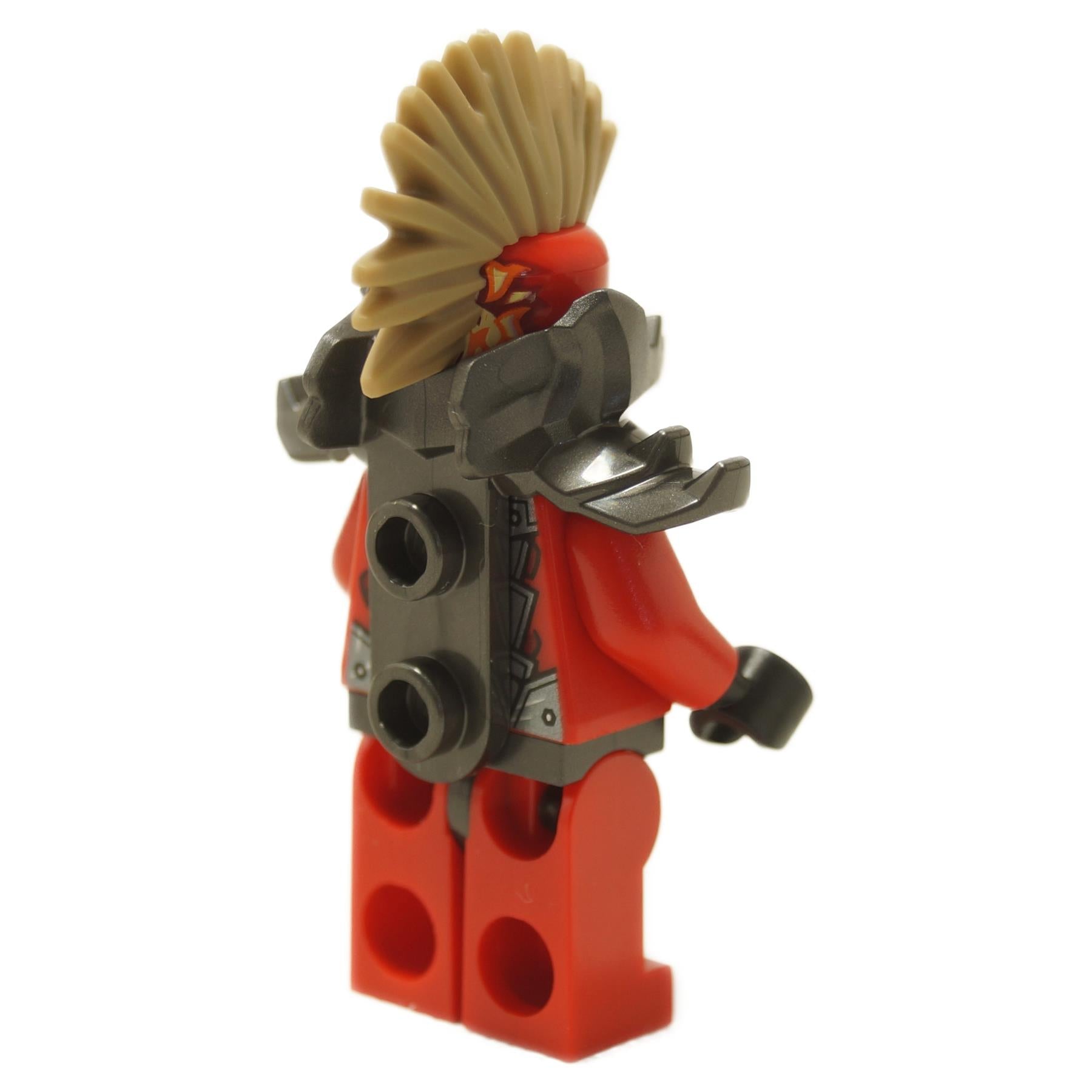Red dragon warrior minifigure back view with tan mohawk and dark spiked shoulder armor
