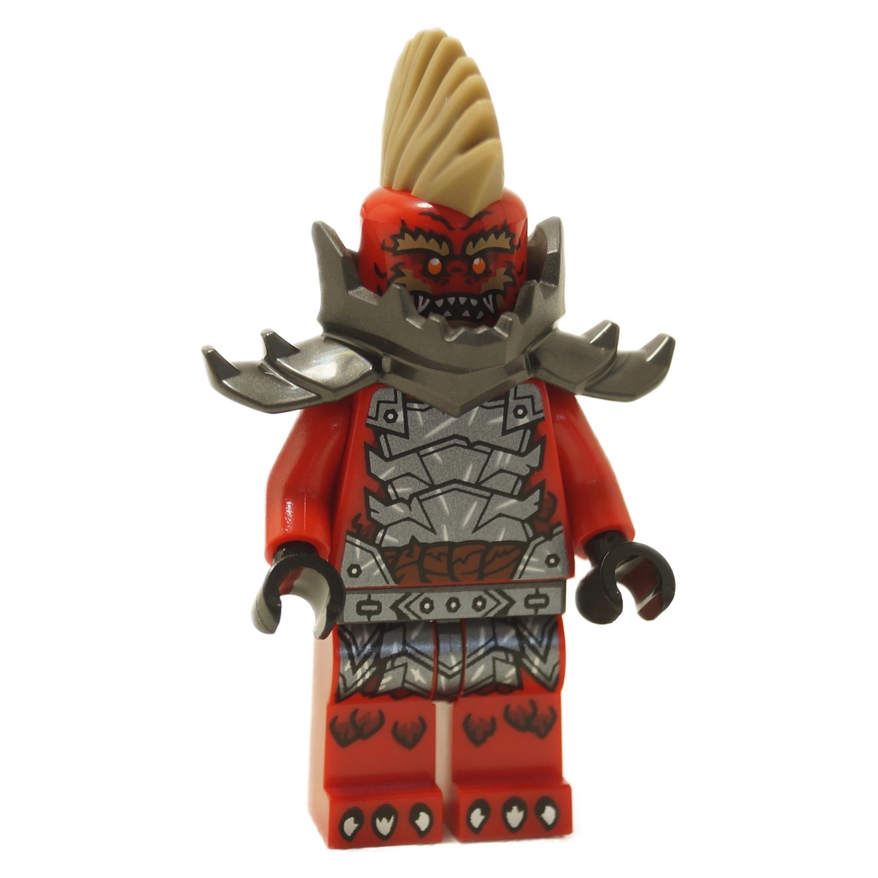 Red dragon warrior minifigure with tan mohawk, dark shoulder armor and printed scale armor torso and legs
