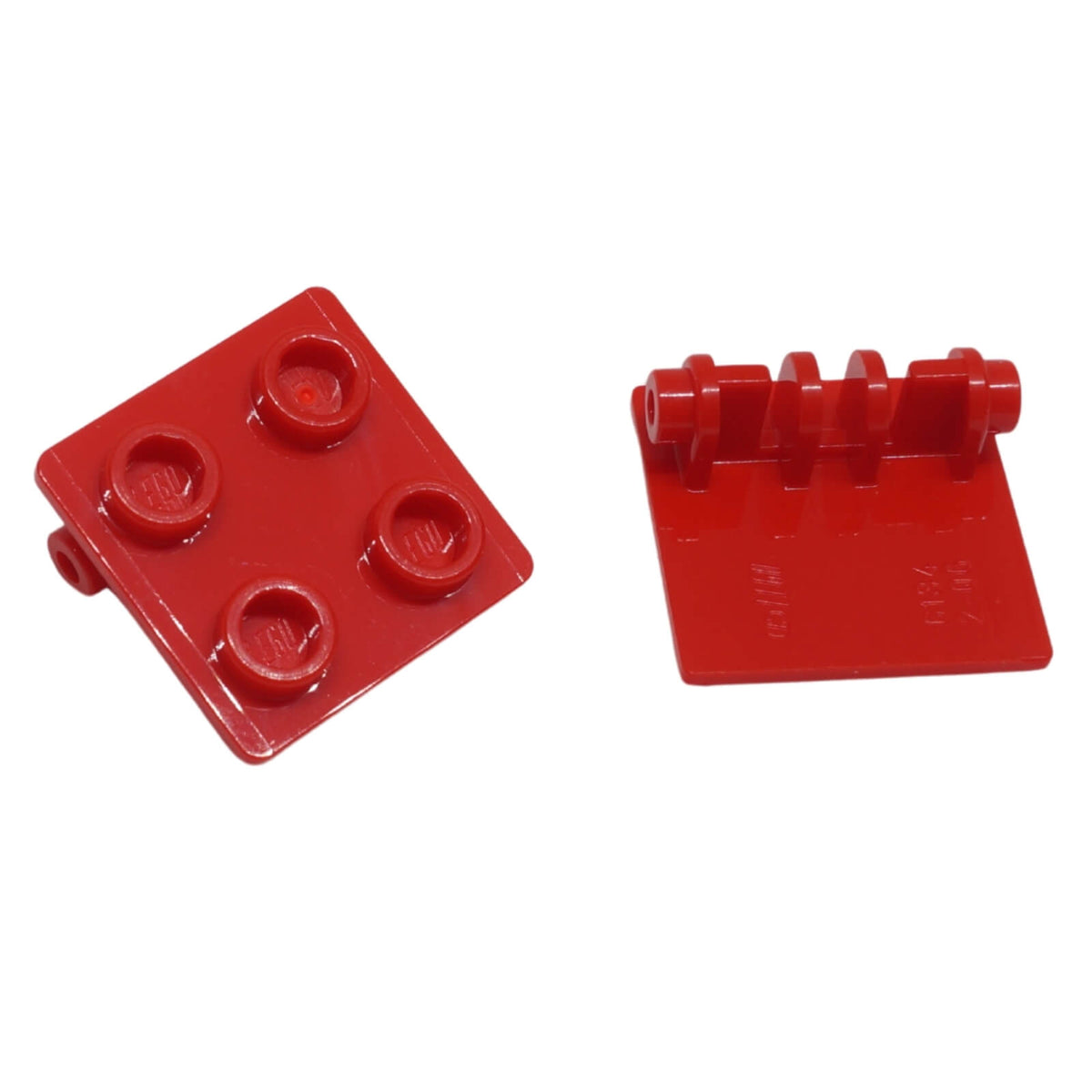 Red LEGO® hinge plate 6134 shown from two angles with four studs and moulded hinge connection along one edge