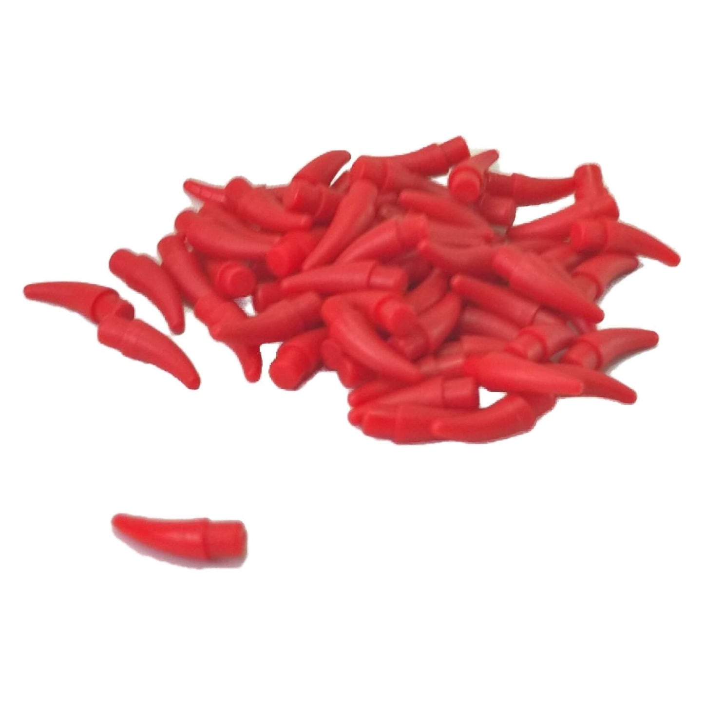 Pile of red LEGO small horns/claws (53451) scattered, with one piece separated.