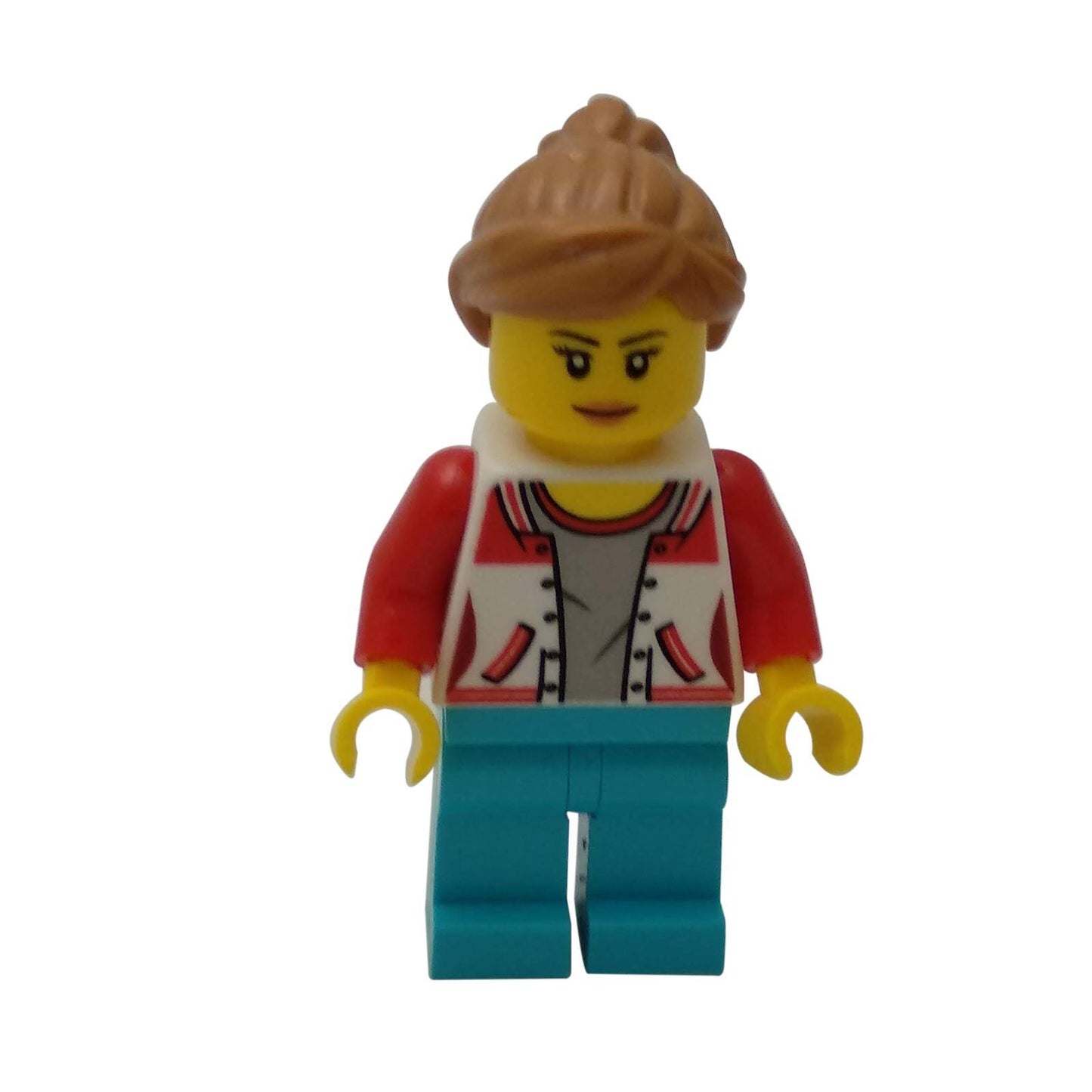 Female city passenger minifigure with red jacket, teal legs and light brown ponytail hair
