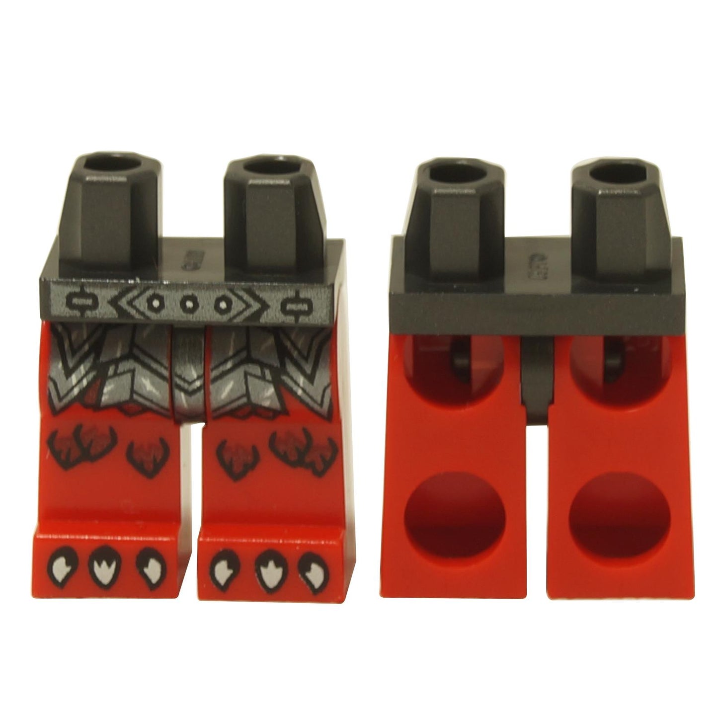 A set of LEGO hips and legs with a dark silver belt featuring rivets, red and black segmented armor, and silver claw pattern.