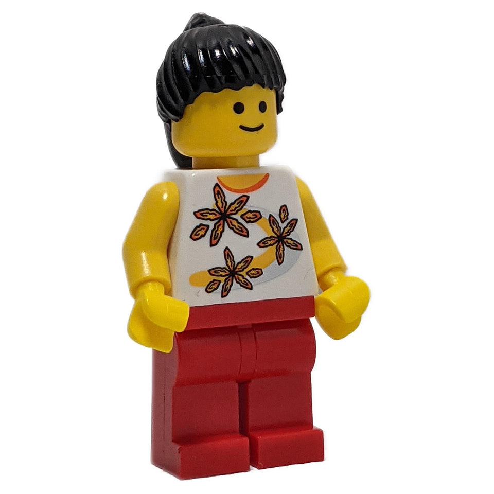 Minifigure with red legs, white floral top and black ponytail hair smiling face
