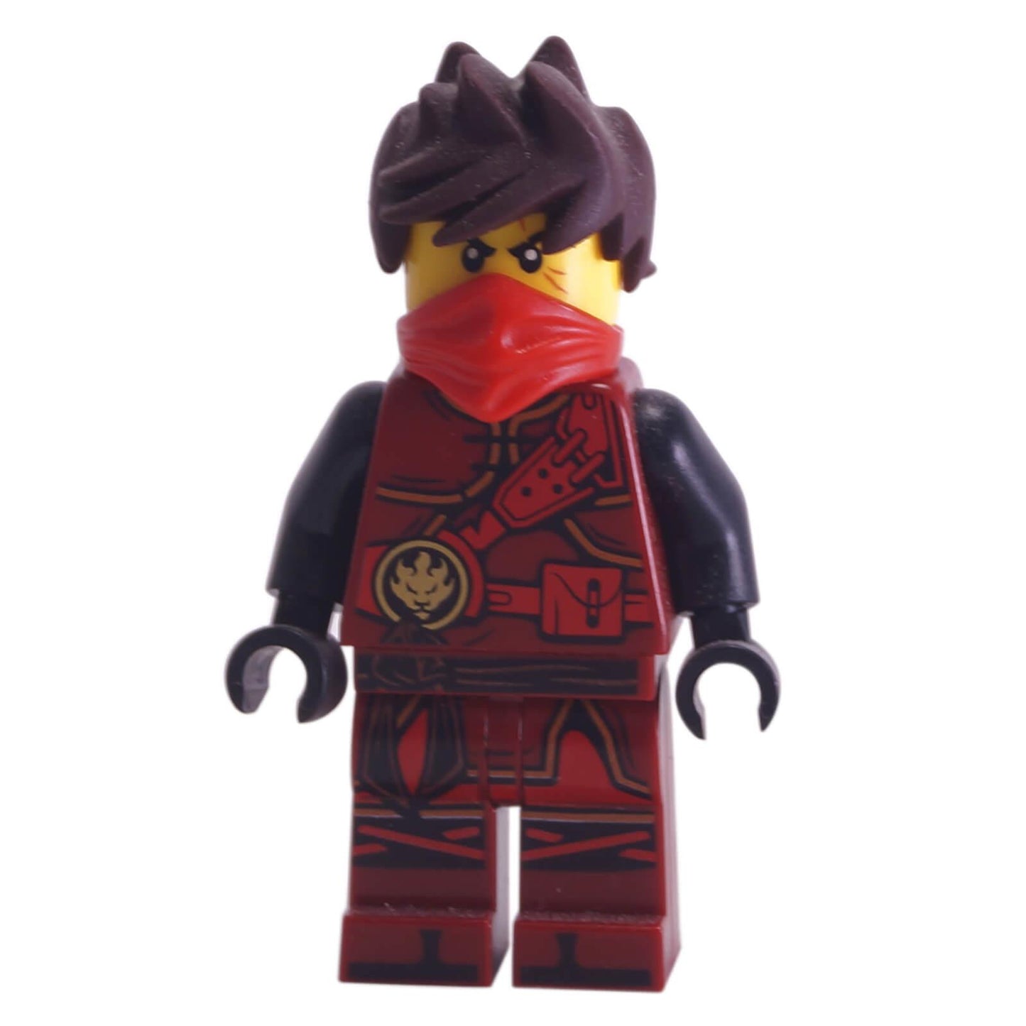 Red ninja minifigure with dark red outfit, face mask and spiky brown hair
