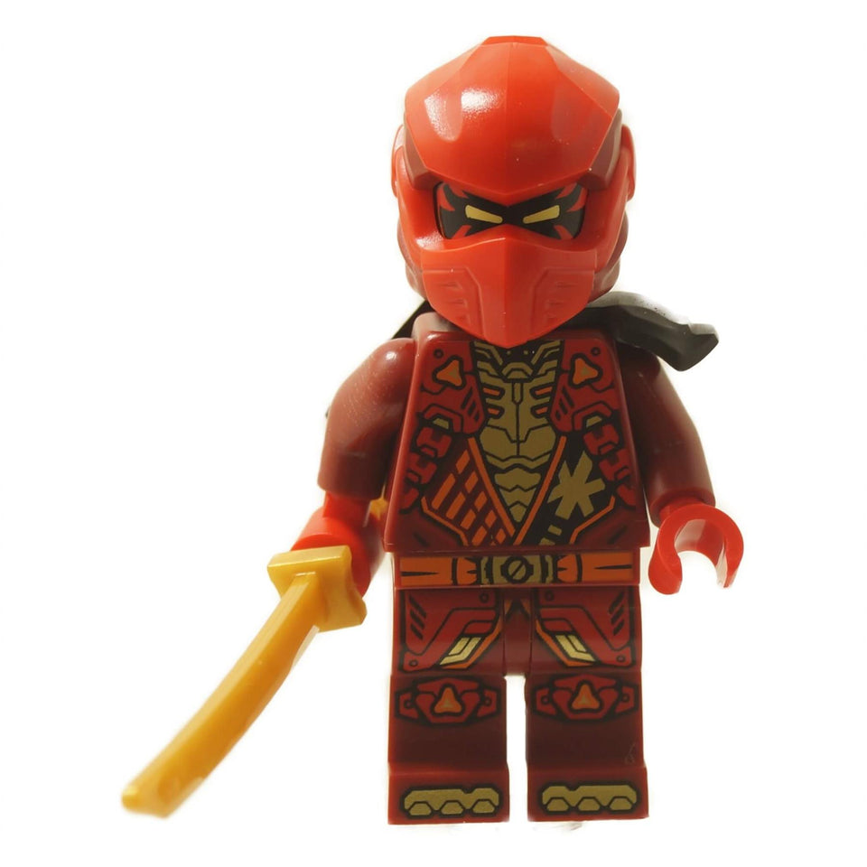 Red ninja minifigure with red mask helmet, detailed armor print and golden sword
