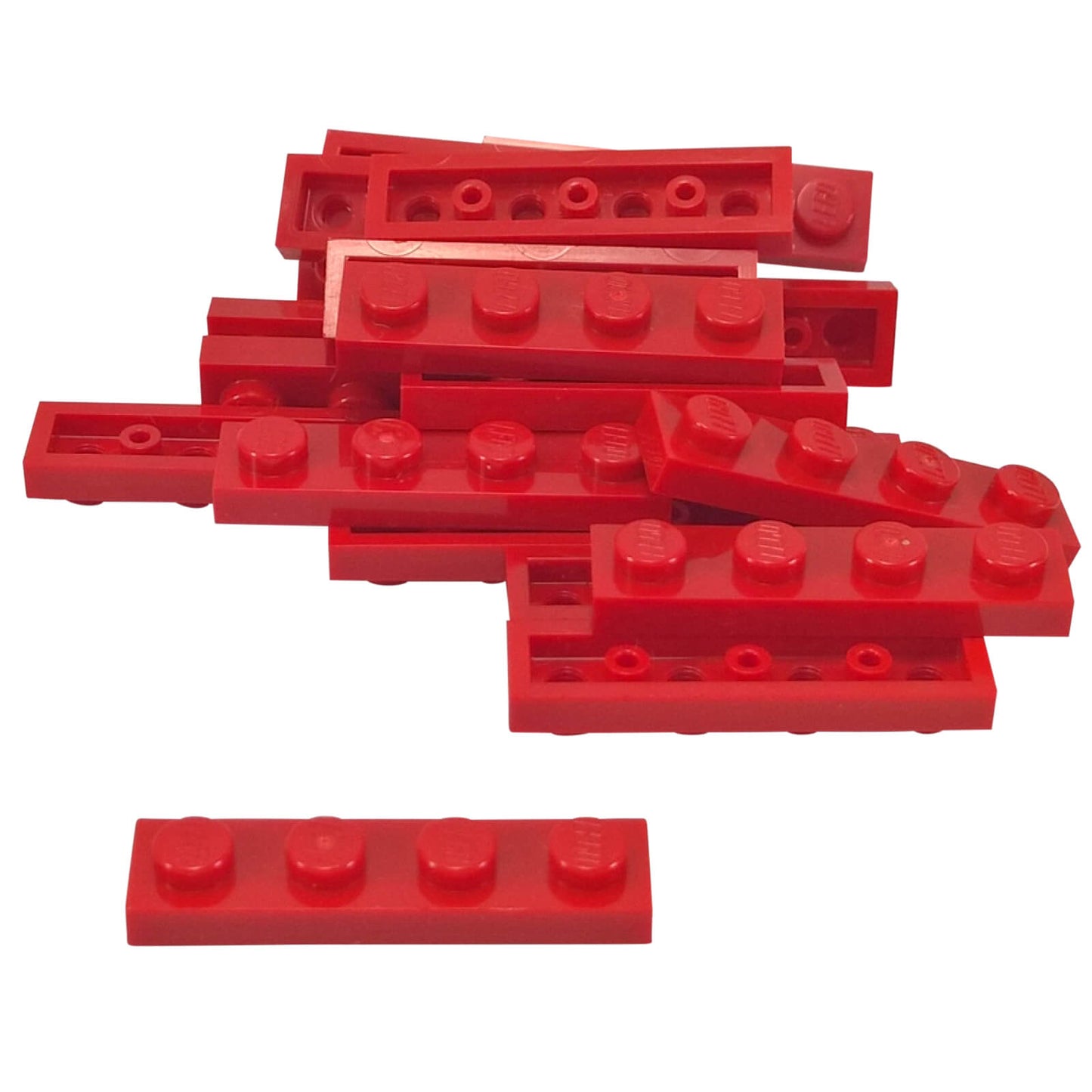 Red 1x4 plate building piece with four studs for detailed minifigure scale builds
