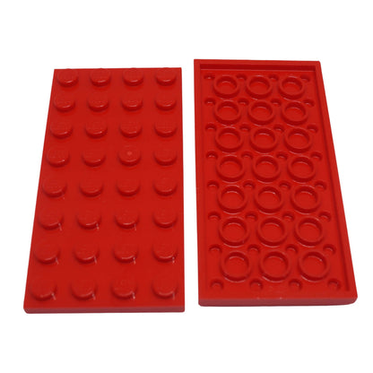 Red LEGO® Plate 4 x 8 part 3035 shown from the top and underside with 32 studs and circular reinforcement tubes