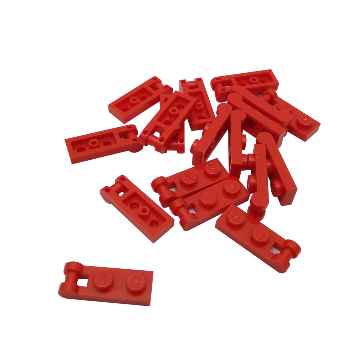 Red Plate Modified 1 x 2 with Handle on End and Closed Ends, part 60478, featuring a flat 1x2 plate base with an integrated end handle and smooth closed tips