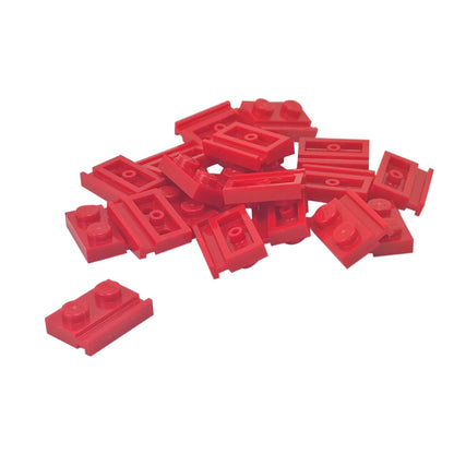 Red modified Plate 1 x 2 with door rail for sliding doors, track guides, and compact wall builds
