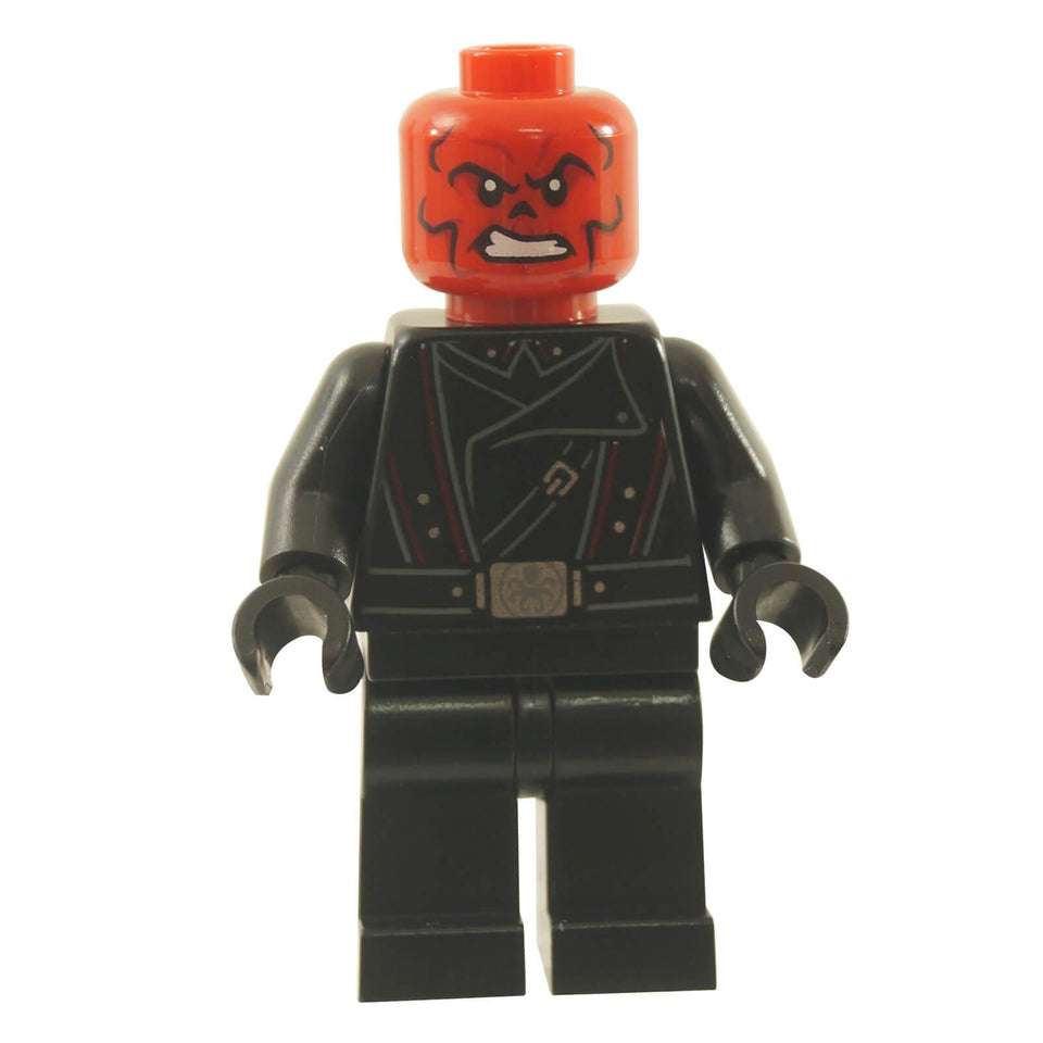 LEGO minifigure representing Red Skull, featuring a black Hydra officer's uniform with a silver belt buckle print, and a vivid red head with an angry expression.