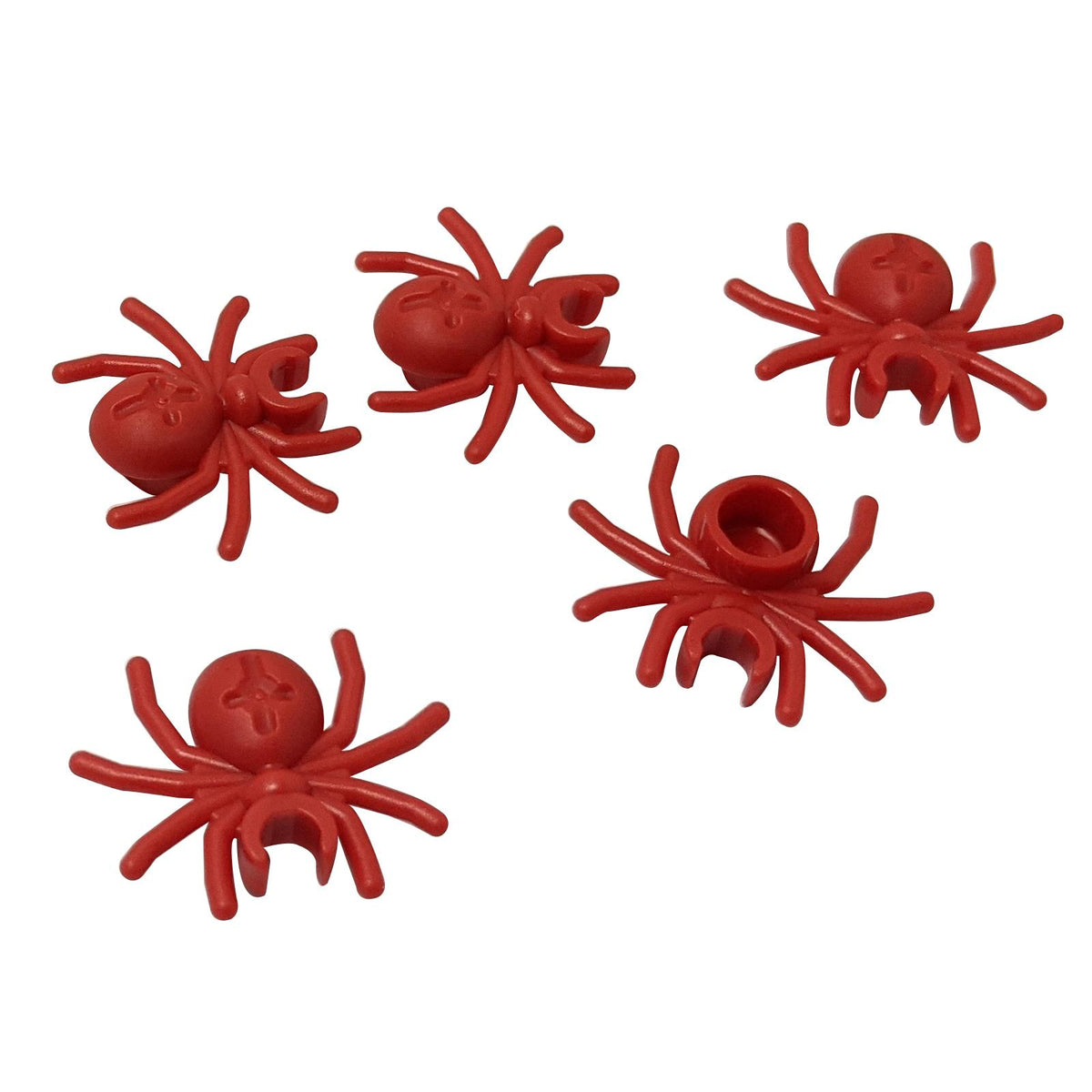 Red LEGO® spider part 30238 shown from two angles with eight legs, rounded abdomen and integrated clip connection