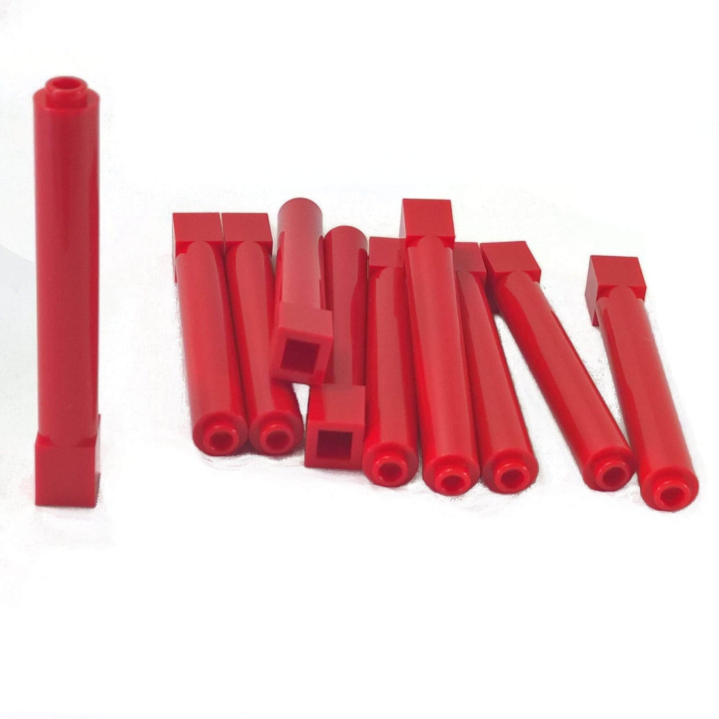 Red solid pillar support 1x1x6, tall rectangular column piece for structural support and detailing.
