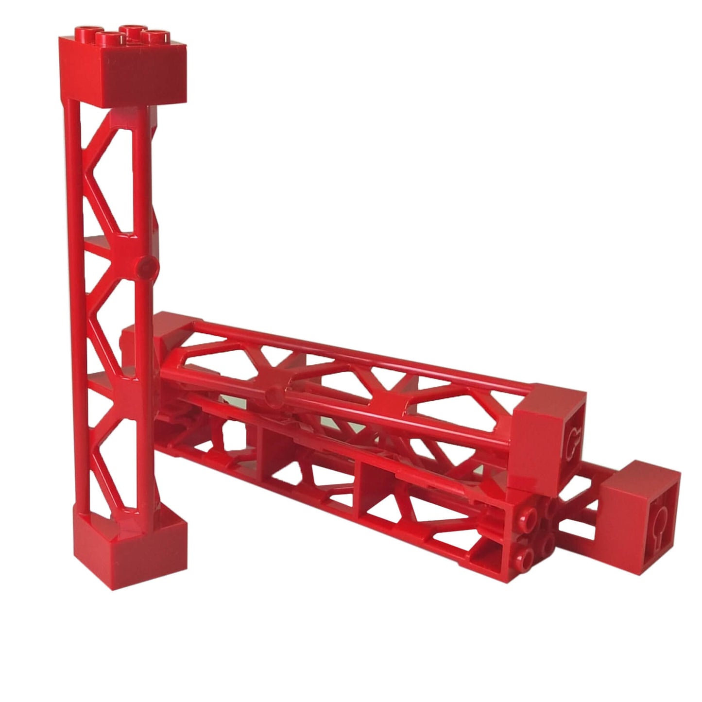 Red triangular vertical girder support 2x2x10, lattice frame element for structural builds and scaffolding.
