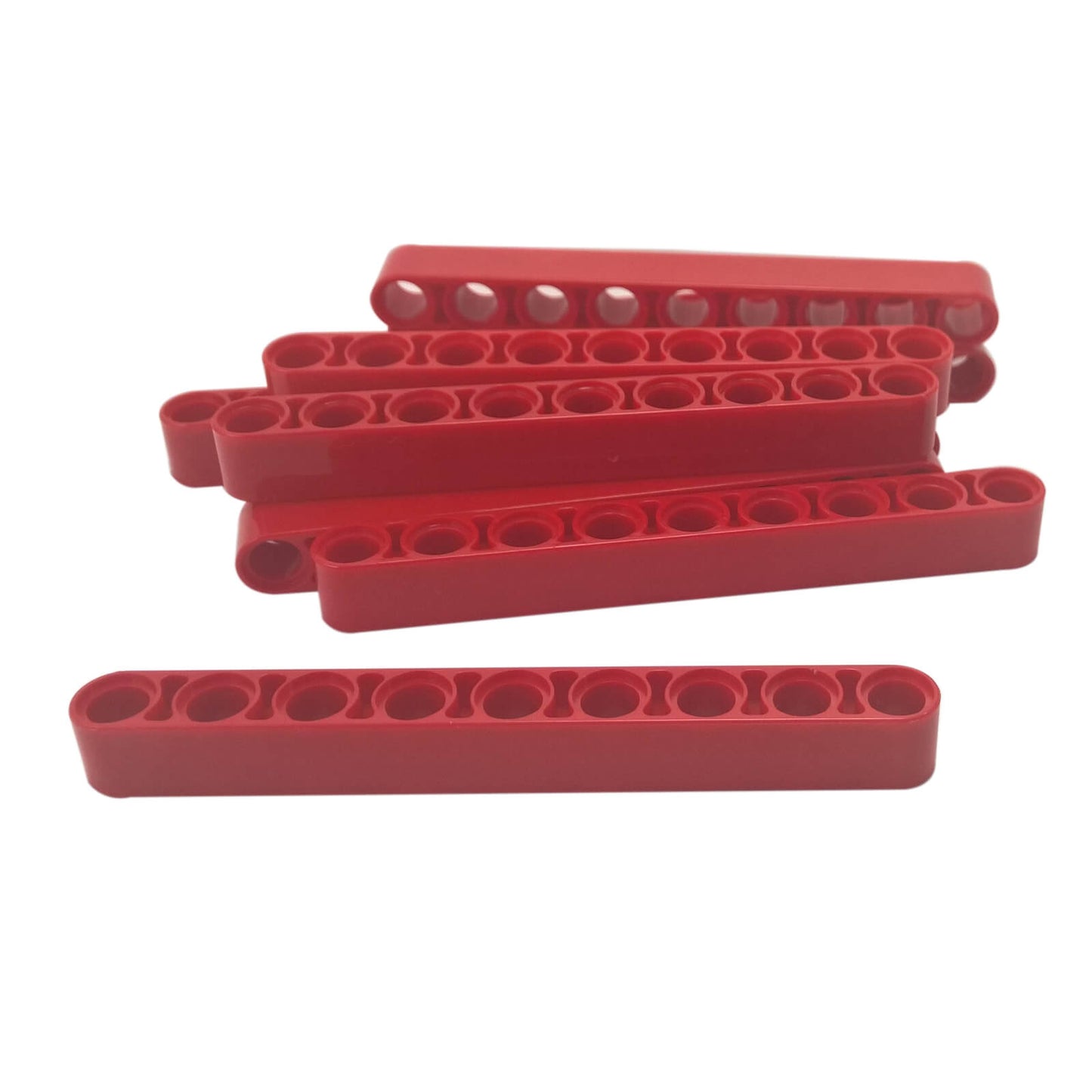 Red Technic liftarm 1 x 9 thick beam with evenly spaced pin holes, structural connector piece for builds

