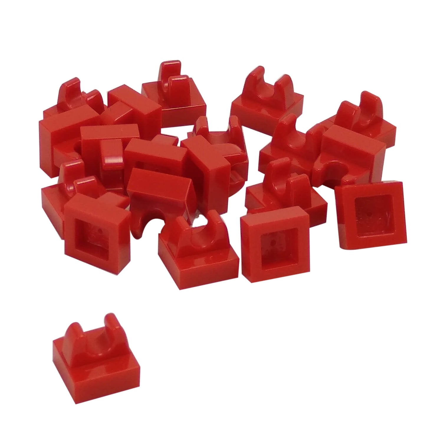 Red modified 1x1 tile with clip attachment, small connector piece for holding accessories and details
