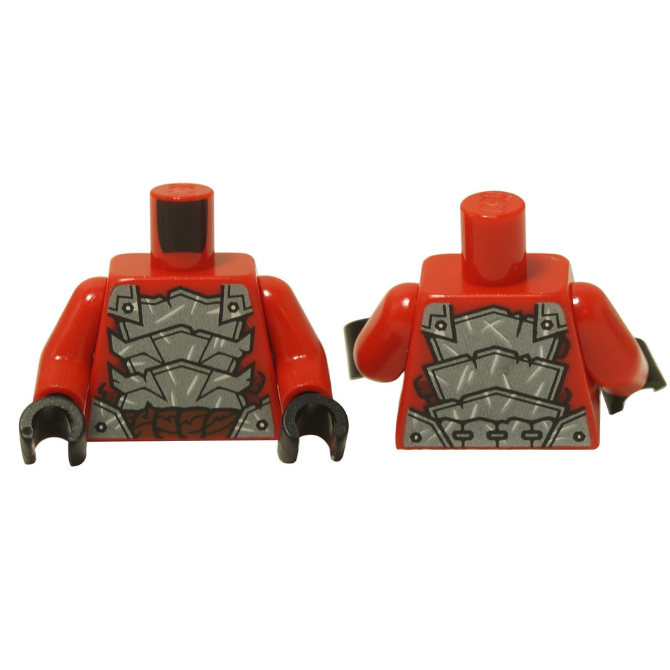 A LEGO minifigure torso with a red base and silver layered armor print, including front and back designs with belts and rivets.