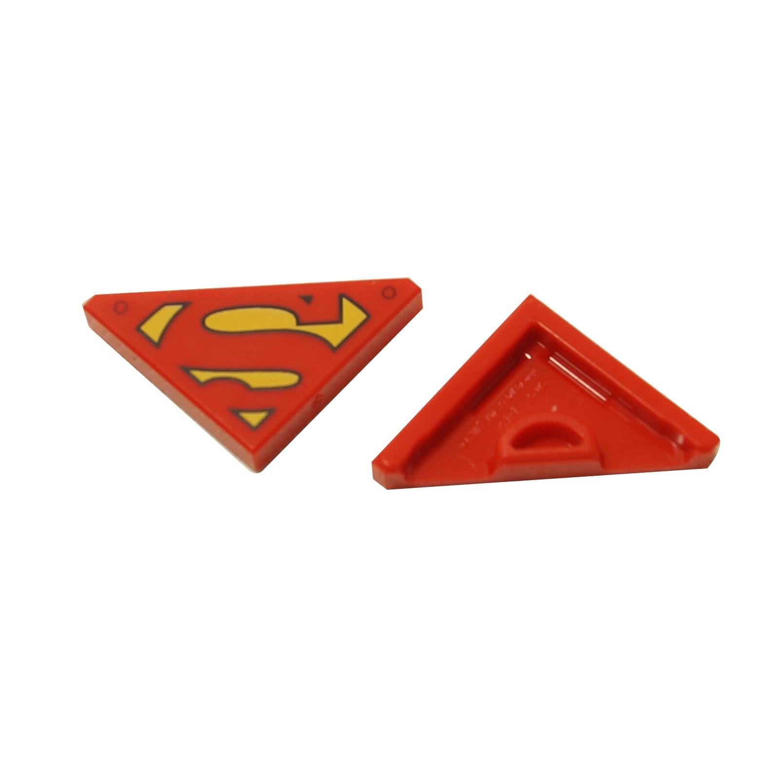 Red triangular 2x2 tile with yellow Superman S shield logo printed detail
