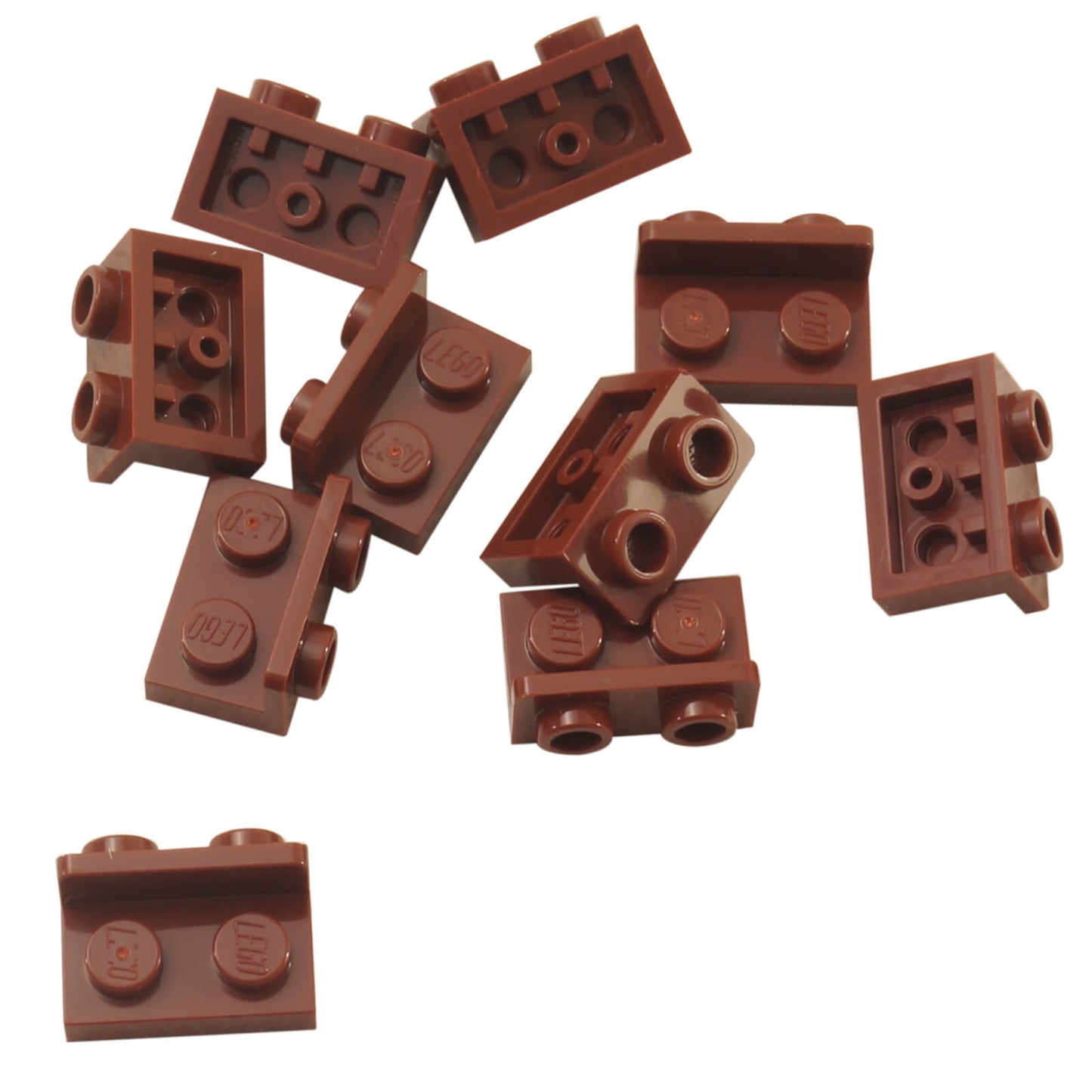 Reddish brown inverted bracket 1 x 2 - 1 x 2 part 99780, offset building element for compact SNOT construction
