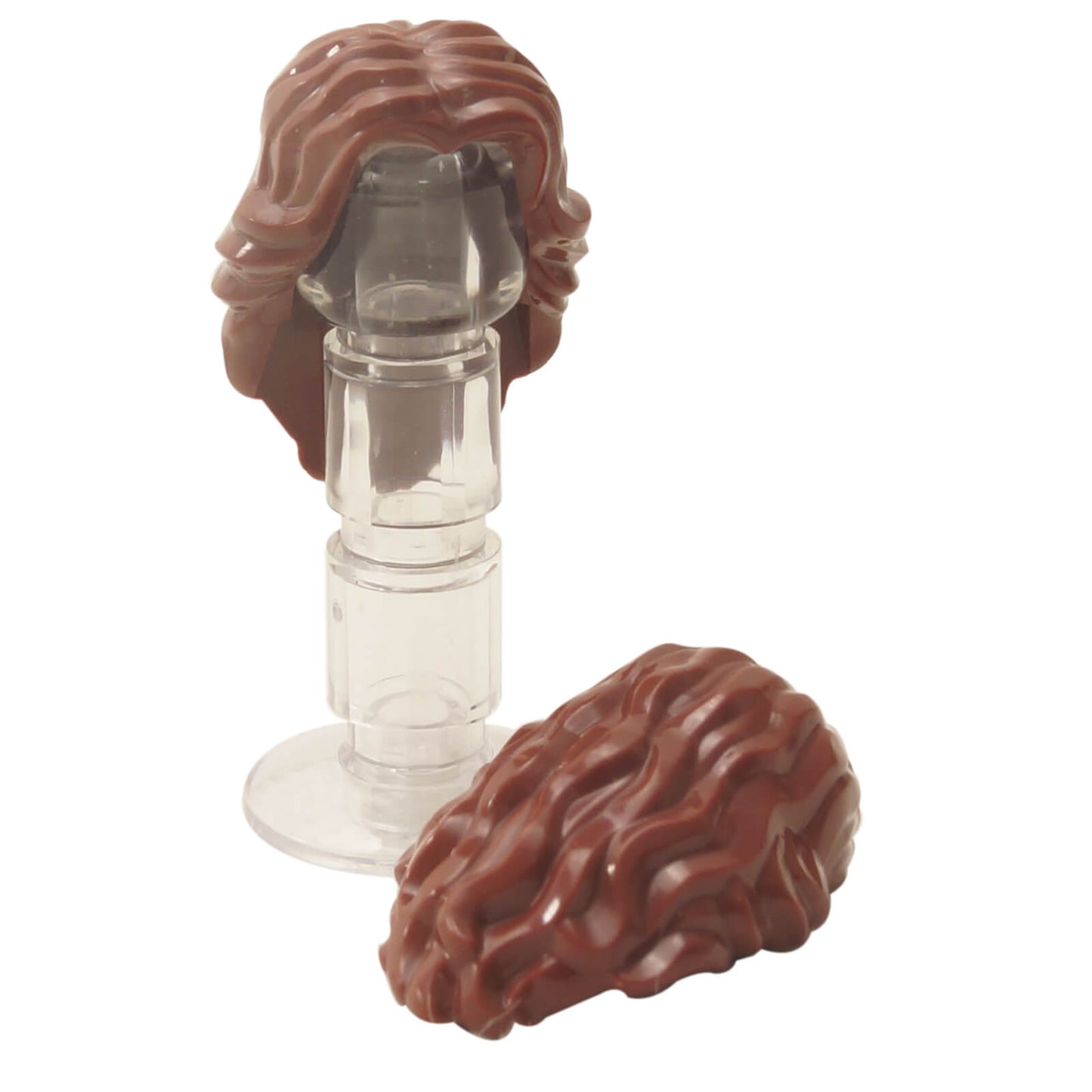 Reddish brown LEGO® female minifigure hair, mid-length wavy style with center part (part 90396)
