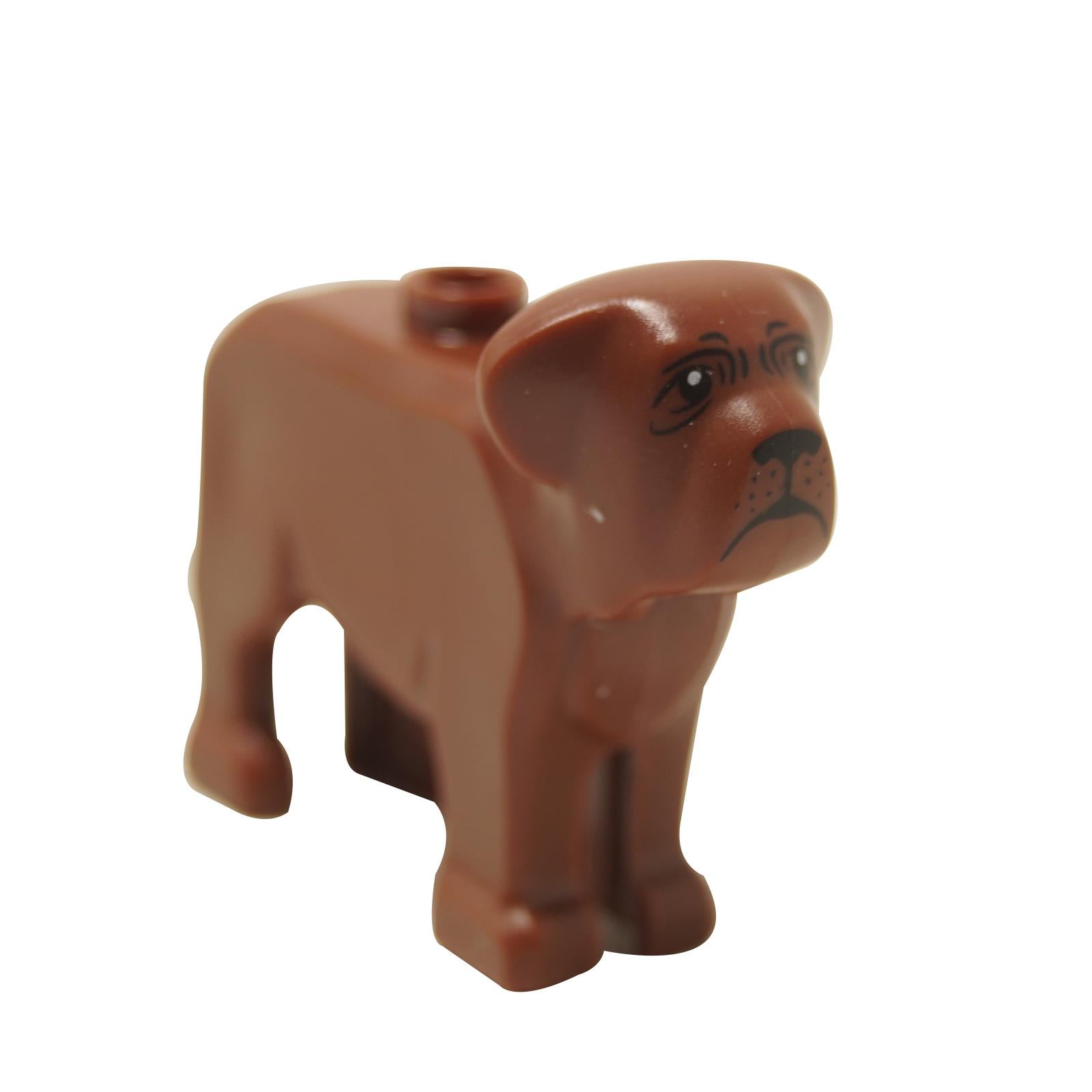 Reddish brown mastiff dog figure with face print and stud connection on back.

