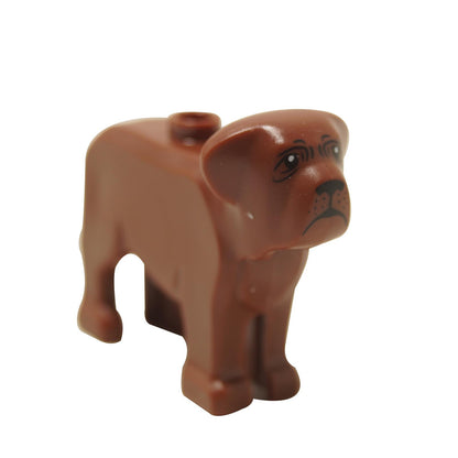 Reddish brown mastiff dog figure with face print and stud connection on back.
