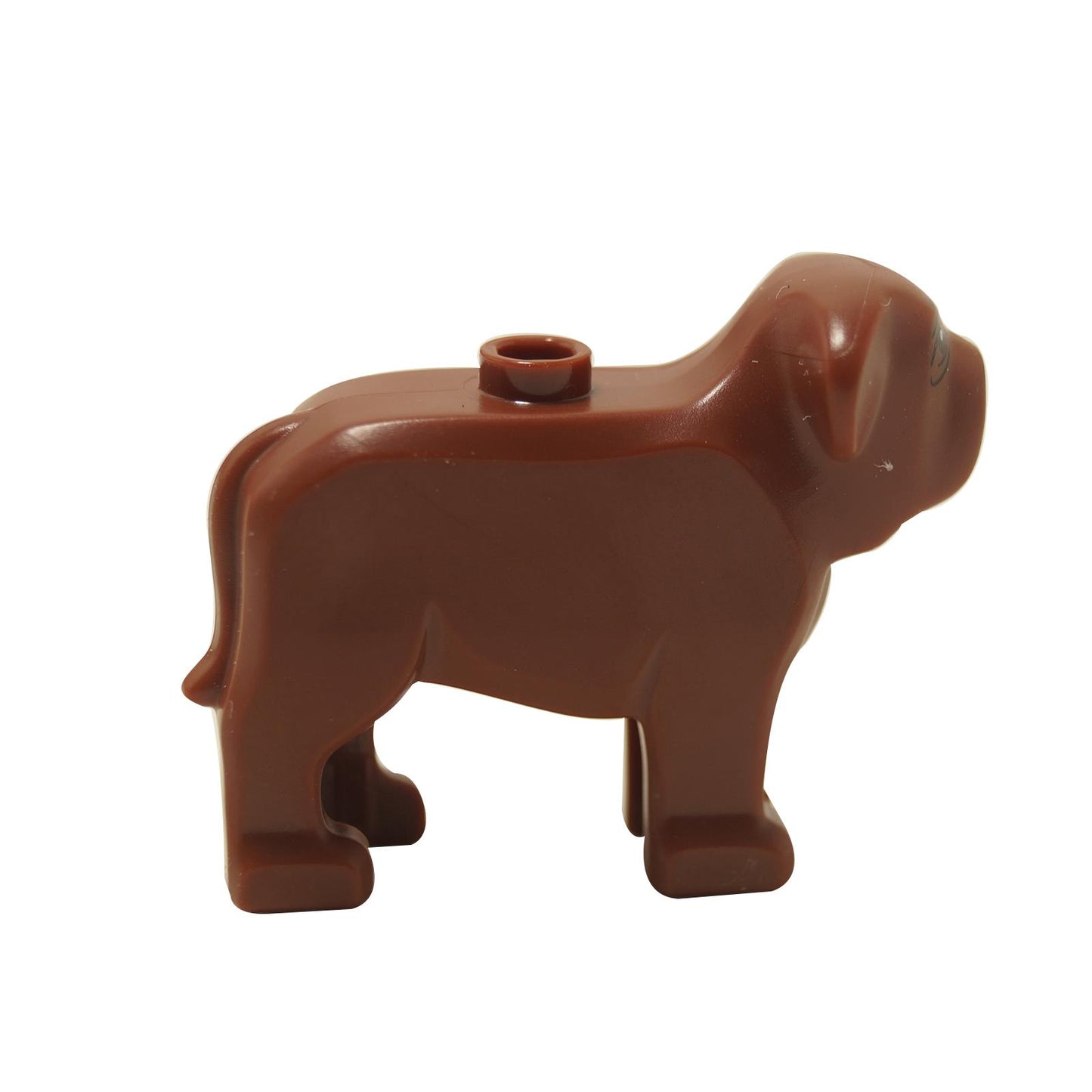 Side view of reddish brown mastiff dog figure with stud connection on back.
