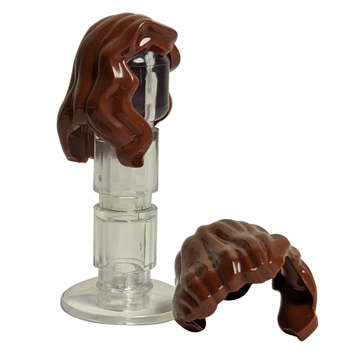 minifigure female mid length hair reddish brown with part over right shoulder detailed hairstyle accessory piece
