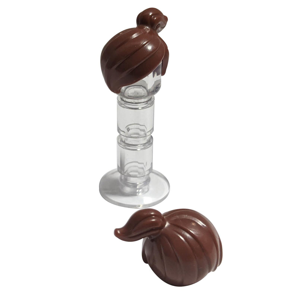 Reddish Brown LEGO® female ponytail hair piece 15427 shown front and back with off-centre swept fringe, layered strands and curved ponytail