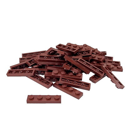 Reddish brown 1x4 plate building piece with four studs for detailed minifigure scale builds
