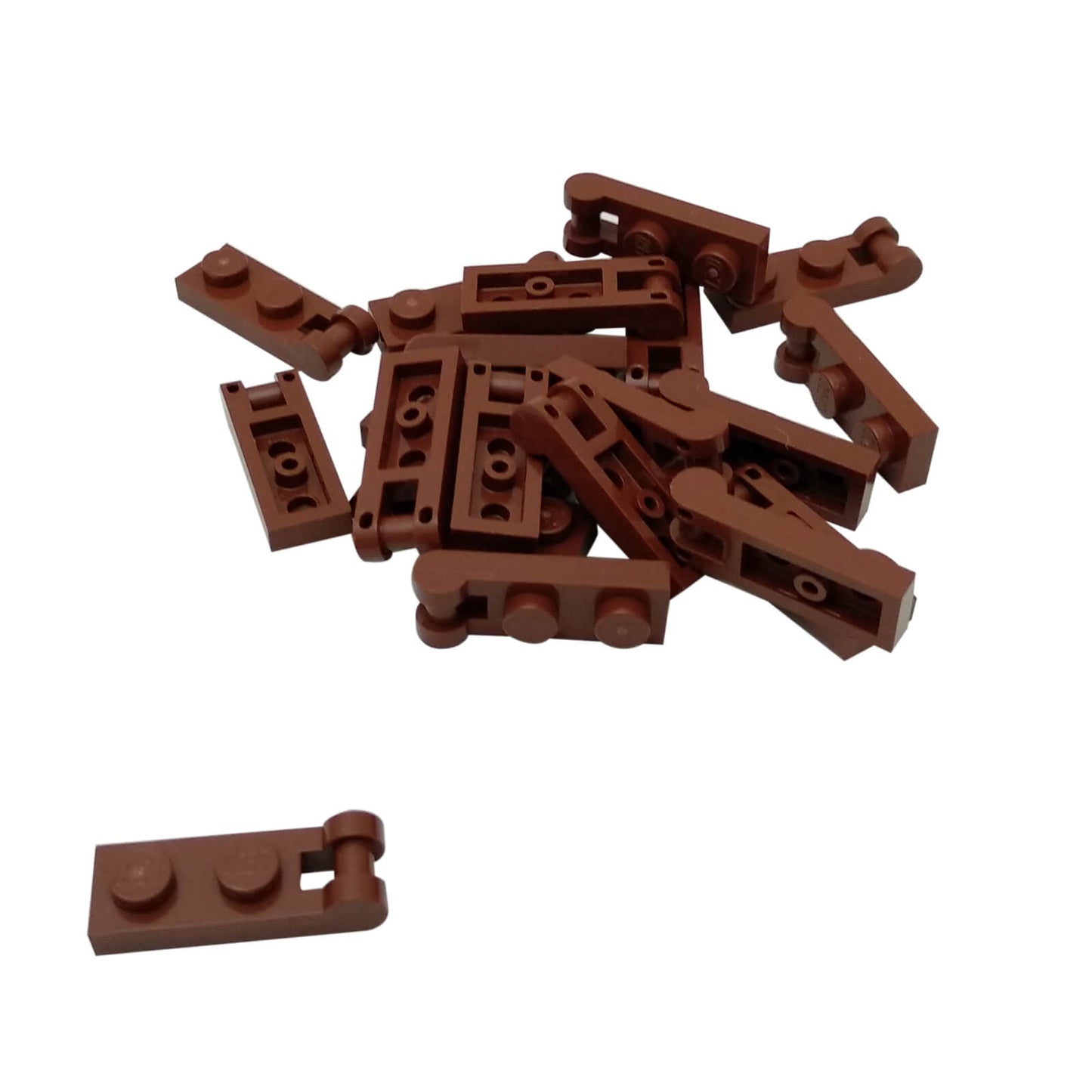 Reddish Brown Plate Modified 1 x 2 with Handle on End and Closed Ends, part 60478, featuring a flat 1x2 plate base with an integrated end handle and smooth closed tips