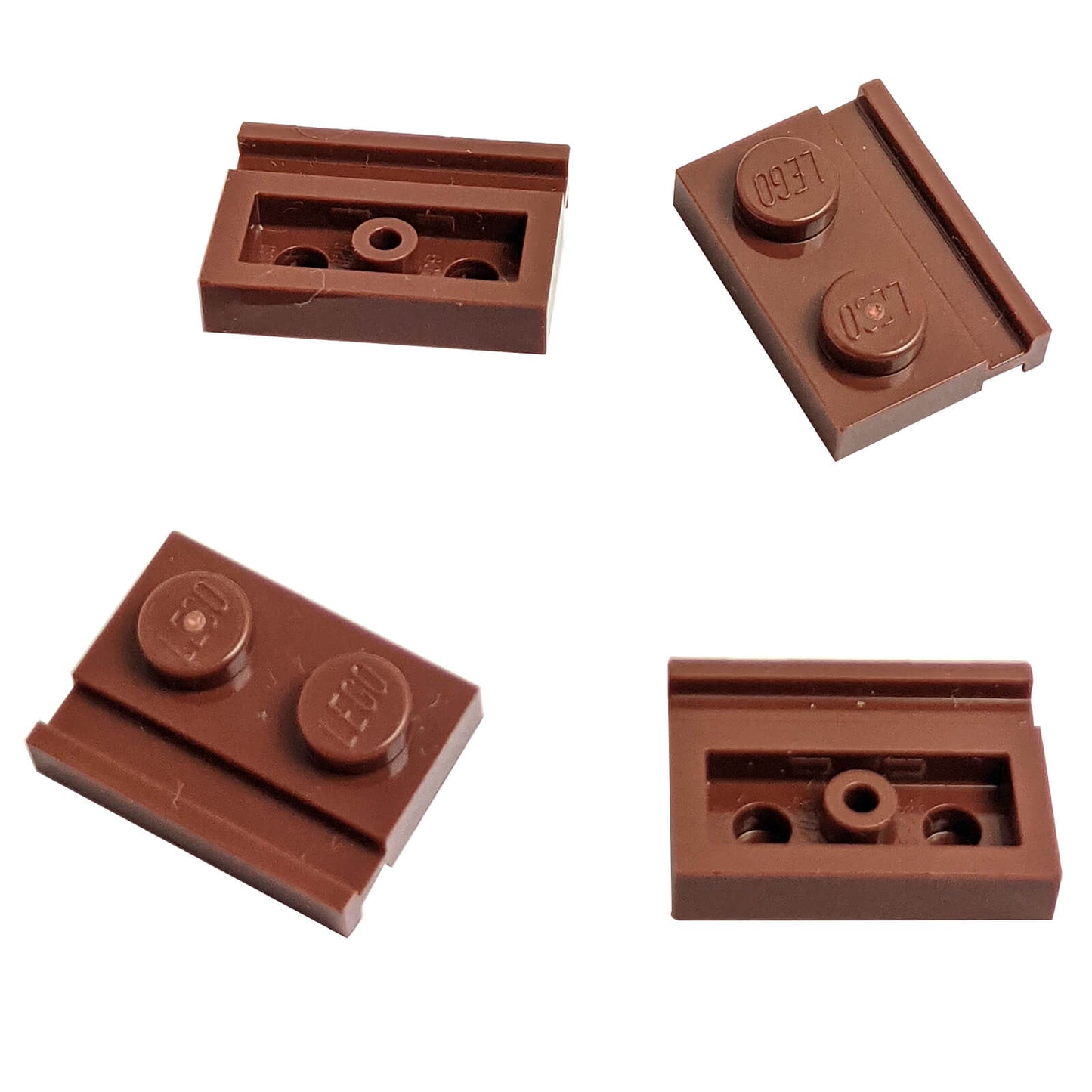 Reddish brown modified Plate 1 x 2 with door rail for sliding doors, track guides, and compact wall builds
