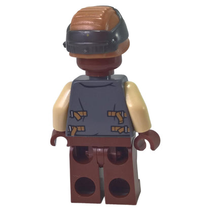 Back view of reddish brown rebel trooper minifigure with gray vest, tan sleeves and brown helmet
