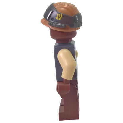 Side view of reddish brown rebel trooper minifigure with gray vest, tan arm and brown helmet
