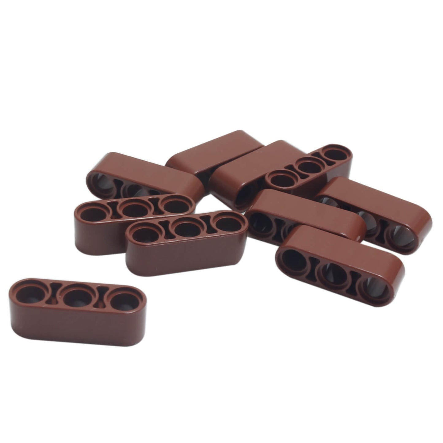 Pile of reddish brown LEGO Technic 1x3 Thick Liftarm pieces (32523) scattered against a white background.