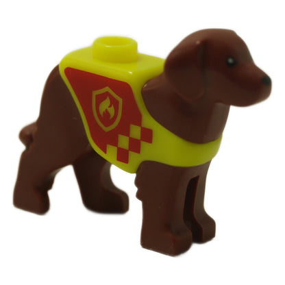 Rescue dog labrador figure side view with neon yellow vest, red fire logo, and brown body

