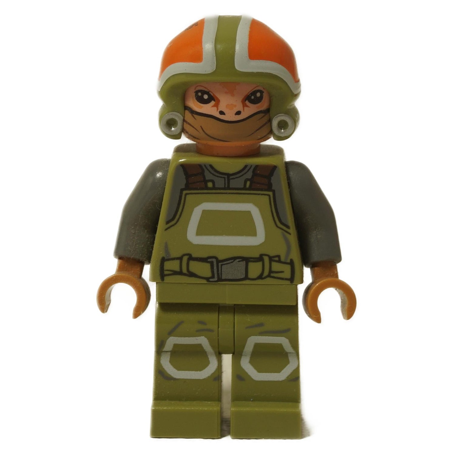 オリーブグリーンの制服と特徴的なオレンジとグリーンのヘルメットを着用したLEGO® Star Wars Resistance Ground Crew ミニフィギュア、Goss Toowersの正面ビュー。