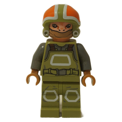 Front view of the LEGO® Star Wars Resistance Ground Crew minifigure, Goss Toowers, wearing an olive green uniform and a distinctive orange and green helmet.