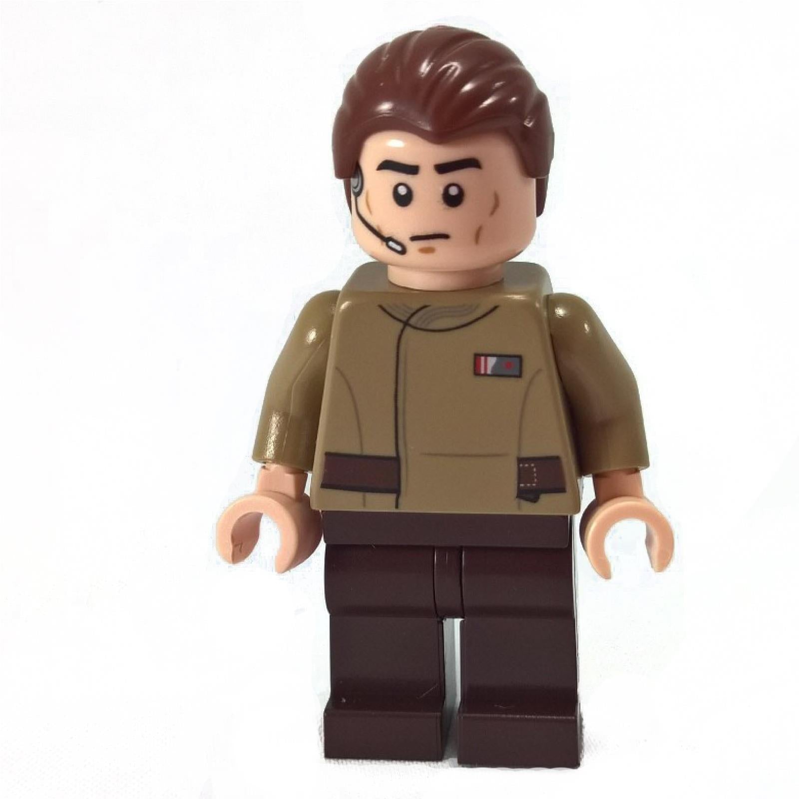 Minifigura de oficial de la Resistencia de LEGO Star Wars mostrada de frente. La figura lleva una chaqueta verde oliva y un auricular de comunicaciones impreso.